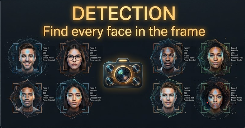 Multi-face detection with bounding boxes across a crowded frame